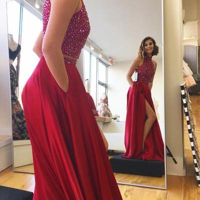 Beads Two Piece Red Long Prom Dress With Open Back..