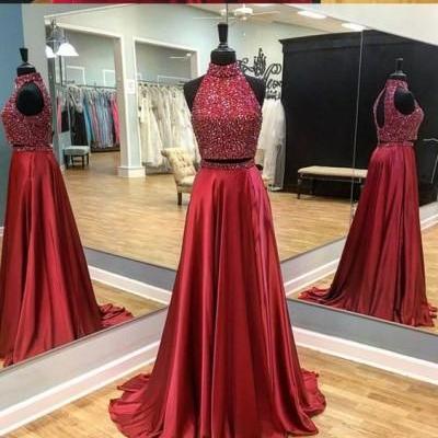 Beads Two Piece Red Long Prom Dress With Open Back..