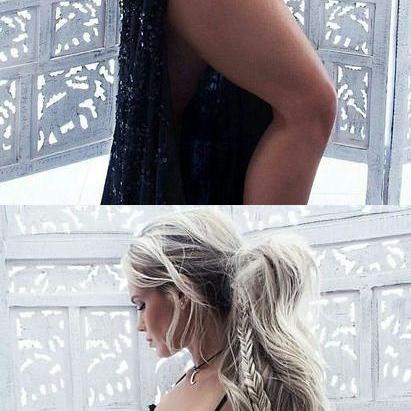 Two Piece Spaghetti Straps Black Sequined Prom..