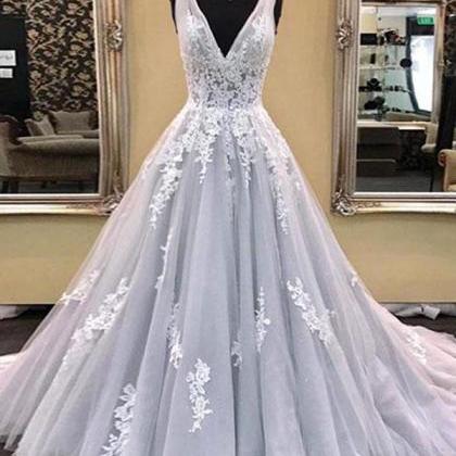 V Neck Silver Prom Dress A-line Sim..
