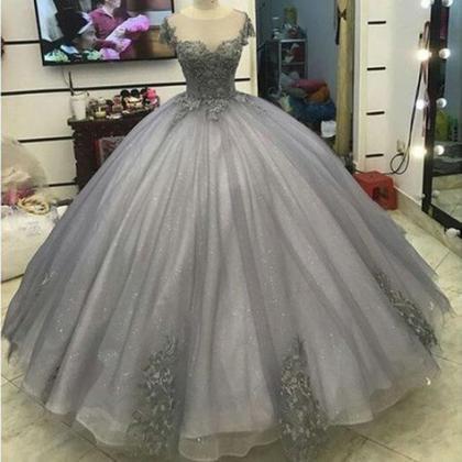 Glitter Grey Silver Ball Gown Princess Prom..