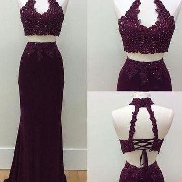 Long Prom Dress, Burgundy Prom Dress, Two Pieces..