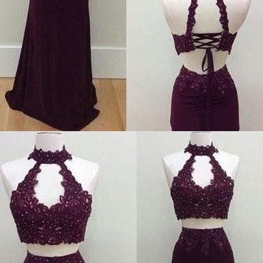 Long Prom Dress, Burgundy Prom Dress, Two Pieces..