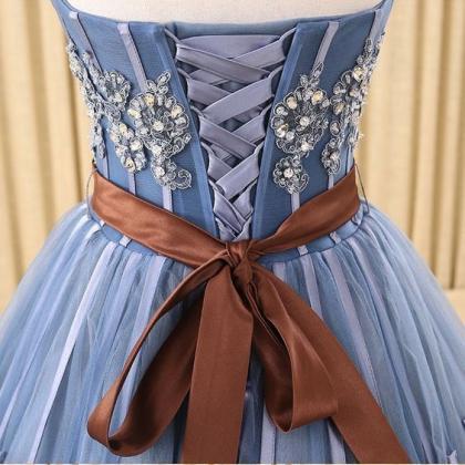 A-line Sweetheart Floor-length Tulle Ink Blue Prom..