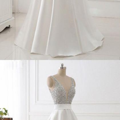 Two Piece Golden A Line V Neck Satin Prom Dress with Beadings LBQ0562 main image 1
