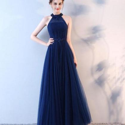 Blue Halter Tulle Long Prom Dress, Blue Evening..