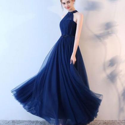 Blue Halter Tulle Long Prom Dress, Blue Evening..