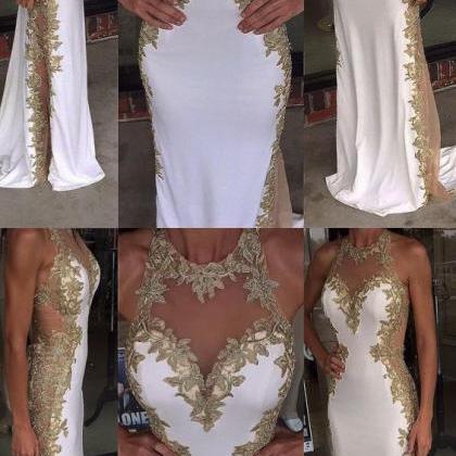 White Prom Dresses Long With Gold Details And See..