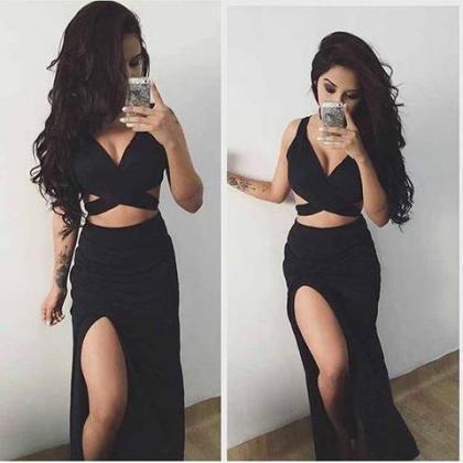 Black Two Pieces Side Slit Long Sexy Beach Prom..
