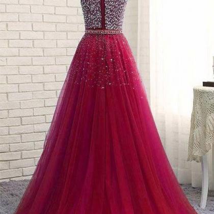 Burgundy Round Neck Tulle Sequin Tulle Long Prom..