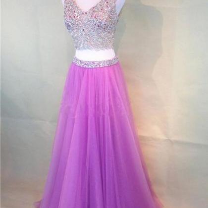 Fuchsia Pink Two-piece Fashion Beaded V-neck Tulle..
