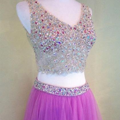 Fuchsia Pink Two-piece Fashion Beaded V-neck Tulle..