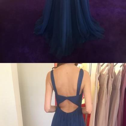 A-line Straps Open Back Dark Blue Prom Dress With..