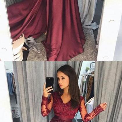 Long Sleeve Lace Dark Red Side Slit A Line Long..