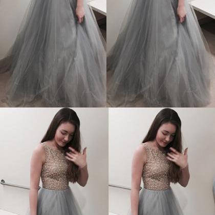Floor-length A-line Grey Ball Gown Crew With..