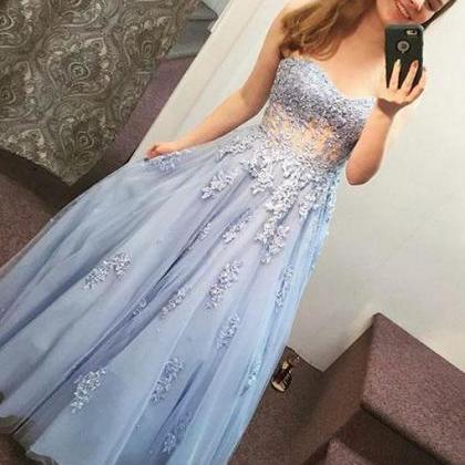 Blue Lace Tulle Long Prom Dress, Sweetheart..
