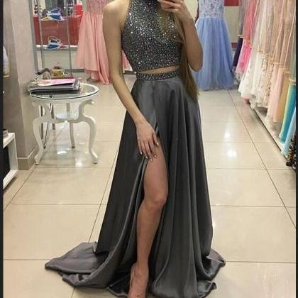 Two Pieces Prom Dresses,beaded Prom Dresses,gray..