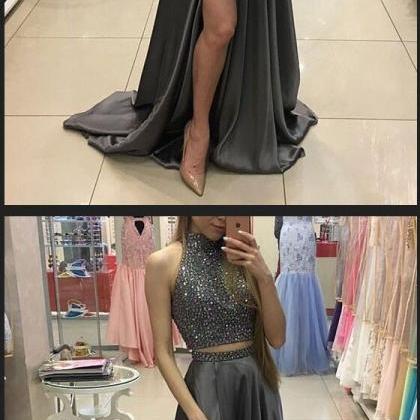 Two Pieces Prom Dresses,beaded Prom Dresses,gray..
