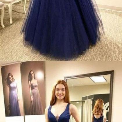 A-line Scoop Floor-length Navy Blue Prom Dress..