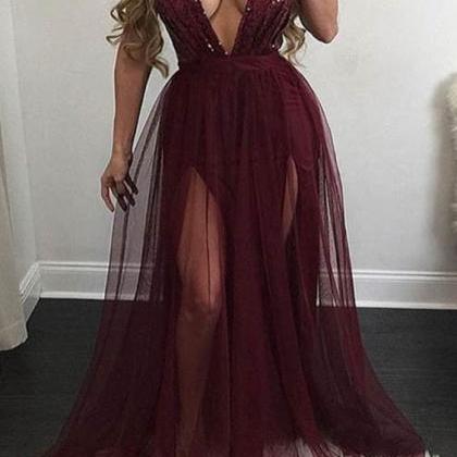Sexy A-line Prom Dress - Wine Deep V-neck..
