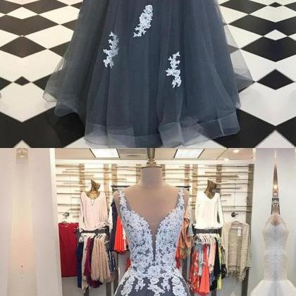 Chic A Line V Neck Grey Tulle Prom/evening Dress..