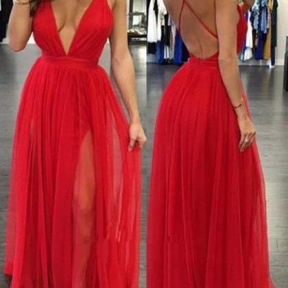 A-line Deep V-neck Floor-length Backless Red Prom..