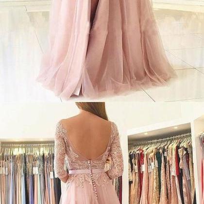 A-line Bateau Long Sleeves Sweep Train Pink Tulle..