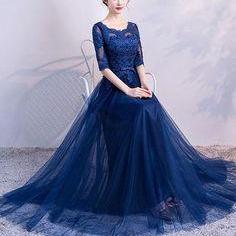Blue Tulle Lace Long Prom Dress, Lace Evening..