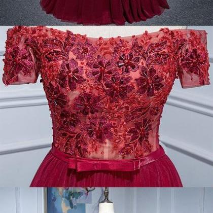 Burgundy Lace Off Shoulder Long Prom Dress,..