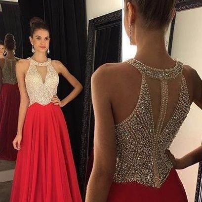 Crystals Beaded Chiffon Prom Dresses Halter Red..