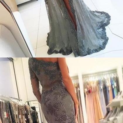 Sheath One Shoulder Grey Tulle Prom Dress With..