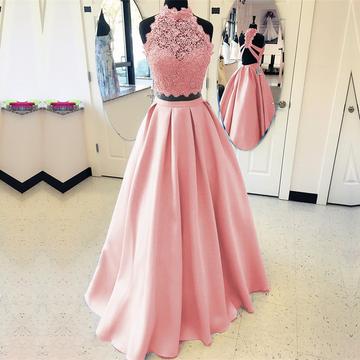 A-line High Neck Open Back Satin Prom Dresses Two..