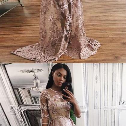 A-line Round Neck Blush Lace Prom Dress With..