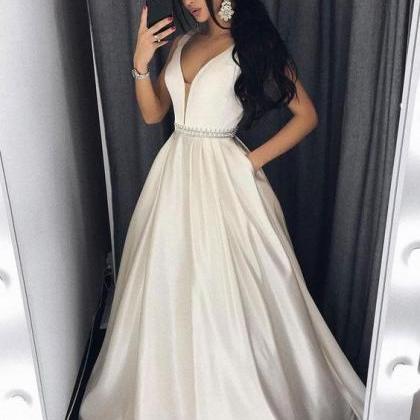 A-line/princess V-neck Simple Long Prom Dresses..