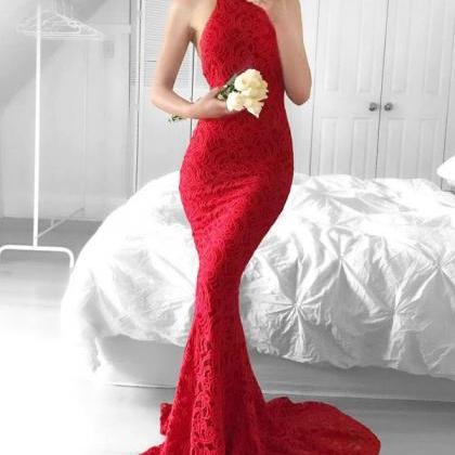 Glamorous Mermaid Red Lace Halter Backless Sweep..