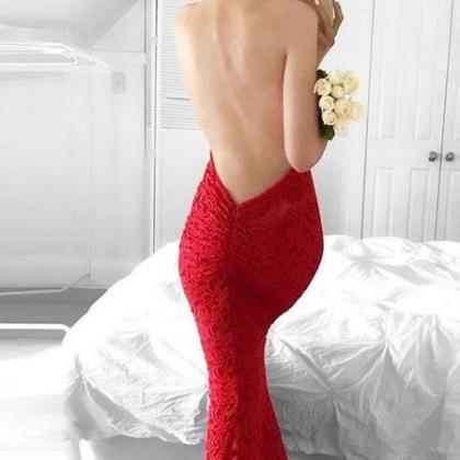 Glamorous Mermaid Red Lace Halter Backless Sweep..