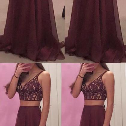 Gorgeous A-line Two-piece V-neck Burgundy Long..