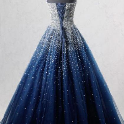 Blue Sweetheart Sequin Tulle Long Prom Dress, Blue..