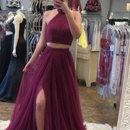 A-Line/Elegant Sleeveless High Neck Tulle Beading Two Piece Prom Dresses