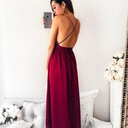 A Line Deep V Neck Burgundy Satin Prom Dress with Slit LBQ0833 main image 1