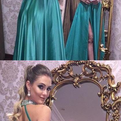 A-line High Neck Backless Long Turquoise Satin..
