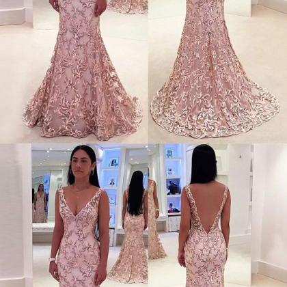 Mermaid Deep V-neck Sweep Train Pink Lace Backless..