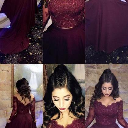 2018 Burgundy Lace Long Sleeve Formal Evening..