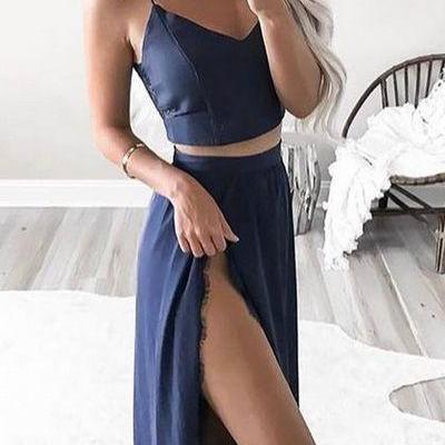Two Piece Navy Blue Long Prom Dress With Slit..