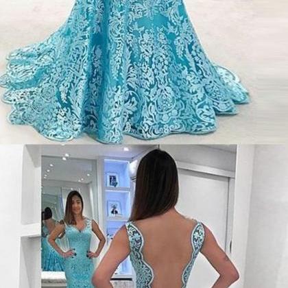 Two Piece Mermaid Scoop Neck Light Blue Lace Prom Dresses TP1072 main image 1