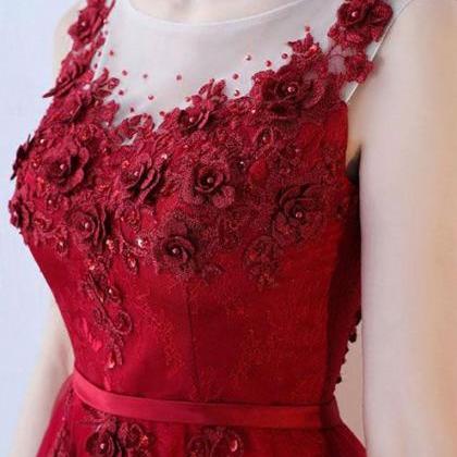 Burgundy Tulle Lace Long Prom Dress, Evening Dress..