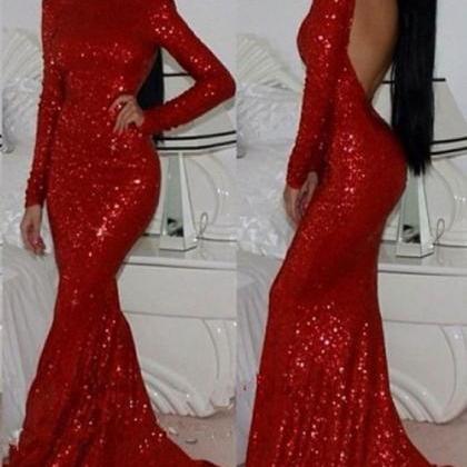 Mermaid Red Prom Dress, Long Sleeve Backless Prom..
