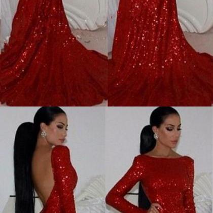 Mermaid Red Prom Dress, Long Sleeve Backless Prom..