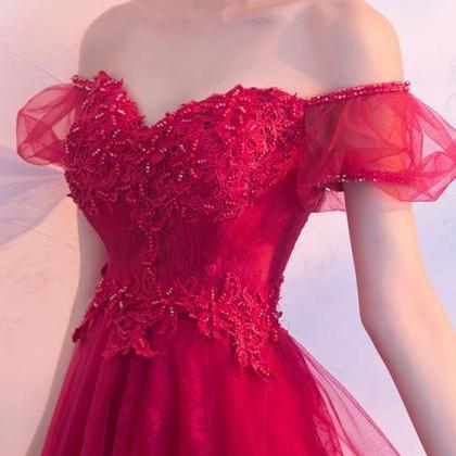 Burgundy Lace Tulle Long Prom Dress, Lace Evening..