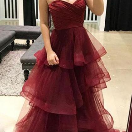Simple Burgundy Sweetheart Neck Tulle Long Prom..